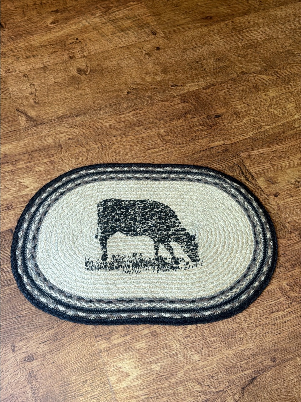 Braided Cow Print Oval Placemat - Neutral Black and Cream